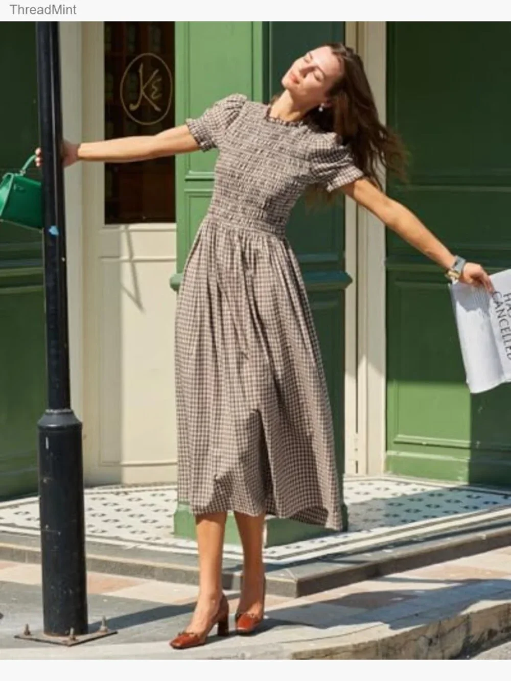 Smocked Puff Sleeve Midi Dress, Flowy A-Line Boho Sundress - Picture 3 of 7